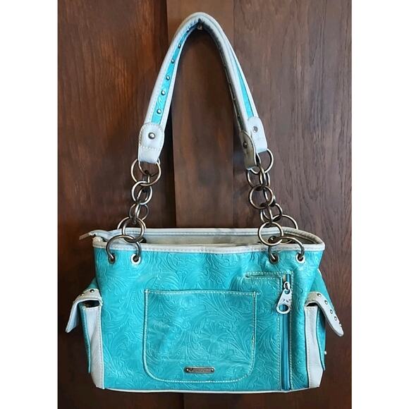 Montana West Studded Conceal Faux Leather Satchel Shoulder Handbag Turquoise Bag - Picture 2 of 11